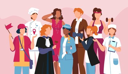 Flat woman professionals crowd, girl power, career equality. Female occupations, profession and jobs. Strong business women vector concept