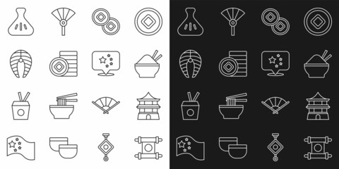 Set line Decree, paper, parchment, scroll, Chinese house, Rice bowl with chopstick, Yuan currency, Fish steak, Dumpling and China flag icon. Vector