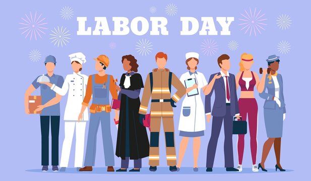 Happy labor day poster with people workers in profession uniform. International job work holiday. Diverse characters employee vector banner