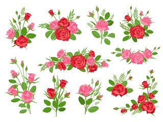 Cartoon pink and red rose floral bouquets with leaves and grass. Vintage romantic bouquet with flowers and buds. Roses decoration vector set
