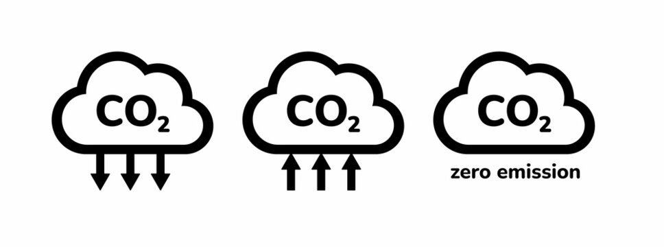 CO2 emission reduction icon set. Zero carbon footprint black silhouette sign, CO2 neutral, ecology environment air pollution protection concept. Carbon offset CO2 gas cloud vector illustration set.