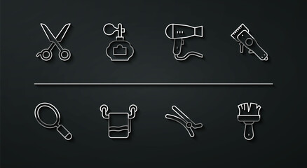 Set line Scissors hairdresser, Hand mirror, Electrical clipper, Hair, Towel on hanger, Aftershave, Shaving brush and dryer icon. Vector