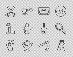 Set line Medical rubber gloves, Cream cosmetic tube, Blade razor, Round makeup mirror, Scissors hairdresser, Barber apron, Straight and Hand icon. Vector