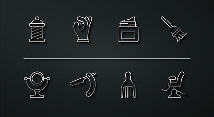 Set line Barber shop pole, Round makeup mirror, Mop, Barrette, Straight razor, Medical rubber gloves, Barbershop chair and Cream cosmetic jar icon. Vector