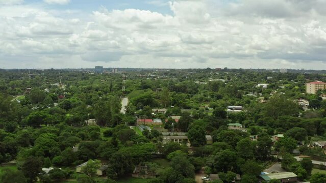 Aerial view cityscape of Lusaka Zambia. Rich areas of the city with greenery, beautiful natural landscape and high fences.