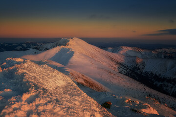 view of Dumbier during sunset from Chopok in Low Tatras, beautiful Slovak unspoilt nature, a wonderful destination for vacation and relaxation