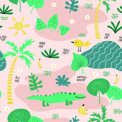 Seamless pattern with crocodile, bird, tropical plants and palms tree. Creative jungle childish texture. African landscape. Vector Illustration for children