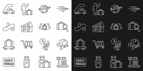 Set line Scale with suitcase, Globe flying plane, Lost baggage, Airline ticket, Escalator down, Passenger ladder for boarding and Conveyor belt icon. Vector