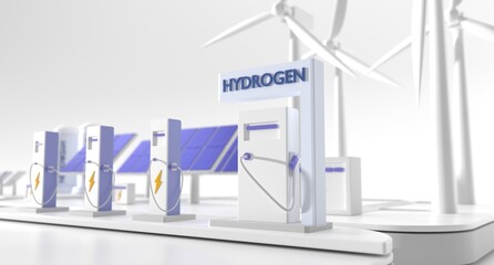 Green sustainable hydrogen energy gas fueling and electric stations with wind turbines, solar panels and battery bank in the background. Alternative power generation, 3d render illustration