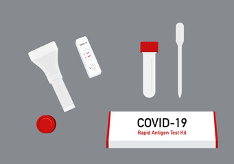 saliva swab covid 19 rapid antigen test kit vector set isolated on dark background ep54