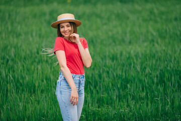 Woman in hat with long hair is happy, beautiful active free on s