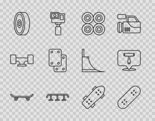 Set line Skateboard, wheel, stairs with rail, ball bearing, Knee pads, and T tool icon. Vector