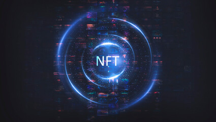 Collage signed with NFT token. Abstract NFT collage. EVERYDAYS: THE FIRST 5000 DAYS. Digital art, set of 3d illustrations. NFT concept, light rays, neon. 3D illustration