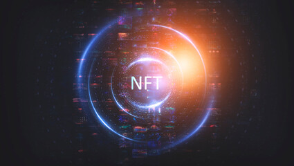 Collage signed with NFT token. Abstract NFT collage. EVERYDAYS: THE FIRST 5000 DAYS. Digital art, set of 3d illustrations. NFT concept, light rays, neon. 3D illustration