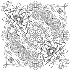 Fototapeta premium Vector drawing for coloring book. Geometric floral pattern. Contour drawing on a white background