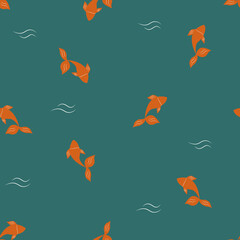 Fototapeta premium Koi fish seamless pattern. Oriental pond with goldfish. Vector illustration with fish. Cute repeating background for fabric, packaging, postcard, web.