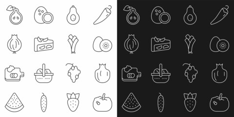 Set line Pumpkin, Pomegranate, Kiwi fruit, Avocado, Homemade pie, Garlic, Pear and Leek icon. Vector