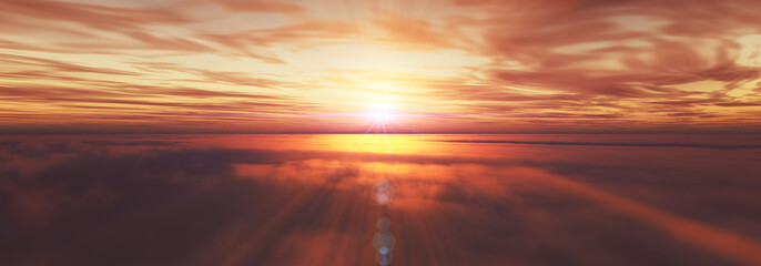 Naklejka na ściany i meble fly above clouds sunset landscape