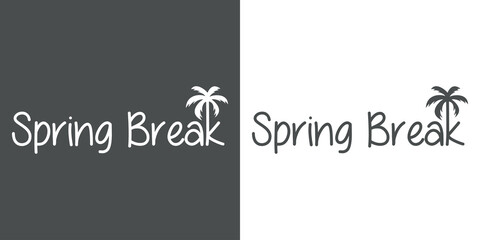 Beach holidays. Banner con texto Spring Break con letra con forma de silueta de palmera en fondo gris y fondo blanco - obrazy, fototapety, plakaty