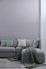 Fototapeta na wymiar Large grey sofa in living room. Interior design