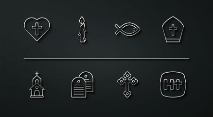 Set line Christian cross in heart, Church building, Pope hat, Holy bible book, Burning candle, and fish symbol icon. Vector