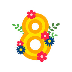 Decorative color  number eight with flowers and leaves. Element for 8 march. Template for card, invitation, greeting, cover, wallpaper, poster, banner. Flat vector illustration.