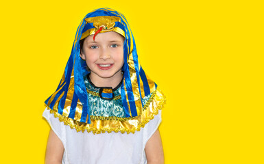
portrait of a handsome child in masquerade clothes. happy boy in carnival costume. Cute Pharaoh...