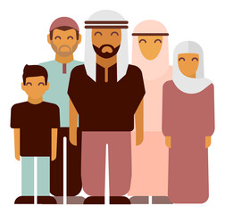 Big traditional family. Muslim parents standing with children