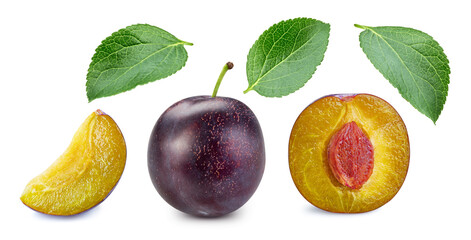 Plum with leaf isolated on white background