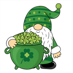 Vector illustration design cute gnome for St Patrick's Day. Cartoon style. Gnome with a pot. Gnome with clover leaf for St Patrick's Day