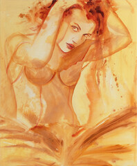 Fototapeta na wymiar beige, brown, yellow, orange, fast, modern, artistic painting sketch of sexy woman in corsage underwear lingerie, hands on her head