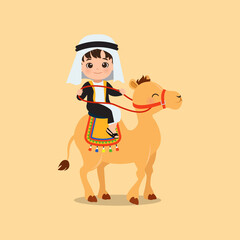 Cute sultan boy riding a camel clipart. Flat vector cartoon design