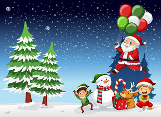 Snowy night scene with Christmas cartoon characters