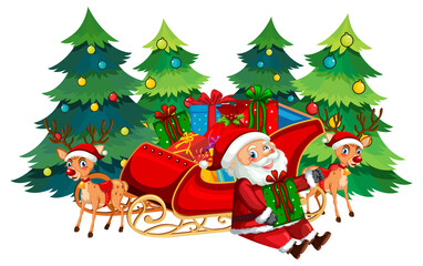 Santa Claus and reindeer sleigh with Christmas trees