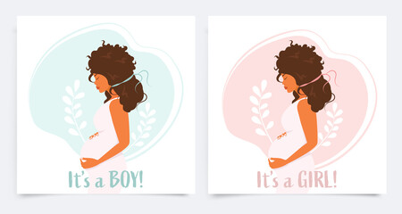 A set of cards with a pregnant black woman. This is a boy. This is a girl. Determination of the sex of the child. Vector illustration.