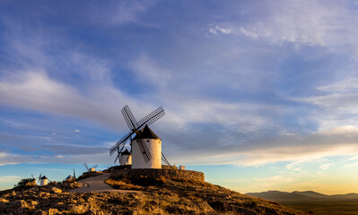 Ancient windmills in Castilla la Mancha, Spain, place of tourist interest because of Cervantes'...
