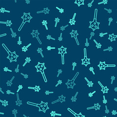 Green line Medieval chained mace ball icon isolated seamless pattern on blue background. Morgenstern medieval weapon or mace with spikes. Vector