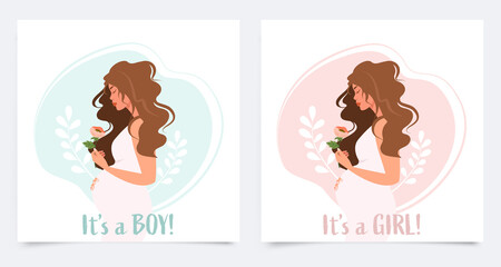 A set of cards with a pregnant woman. This is a boy. This is a girl. Determination of the sex of the child. Vector illustration.
