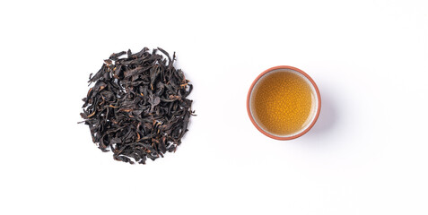 Top view design concept of fresh black tea and leaves in Taiwan.