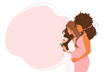 Vector background of beautiful pregnant women of different nationalities, healthcare, pregnancy.