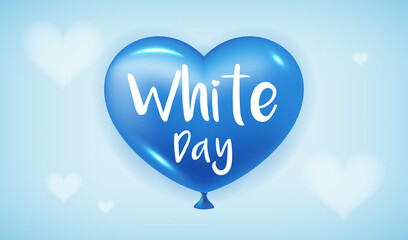 White Day greeting card Vector illustration. Realistic balloon heart on blue bokeh background.