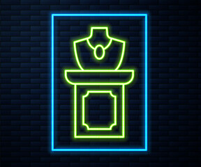 Glowing neon line Auction jewelry sale icon isolated on brick wall background. Auction bidding. Sale and buyers. Vector