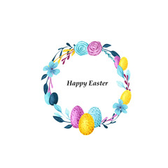 Watercolor Easter wreath with natural rustic elements. Decorative round frame with eggs, flowers and branches - 487757660
