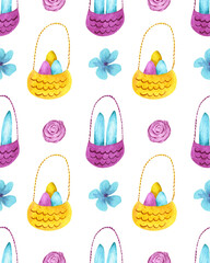 Watercolor Easter seamless pattern. Baskets wit eggs and bunny ears, floral elements - 487758004
