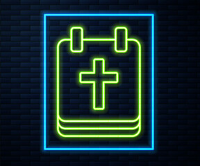 Fototapeta premium Glowing neon line Calendar with Easter icon isolated on brick wall background. Spring Christian Holiday symbol. Vector