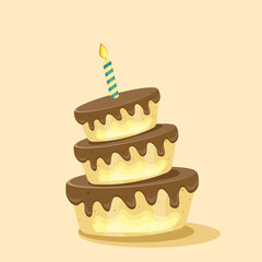 Birthday cake with chocolate creme and candles. Sweet dessert food for holiday celebration or children party. Vector illustration.