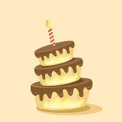 Birthday cake with chocolate creme and candles. Sweet dessert food for holiday celebration or children party. Vector illustration.