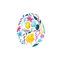 Watercolor Easter decor in egg shape. Print with floral elements and chick - 487758285