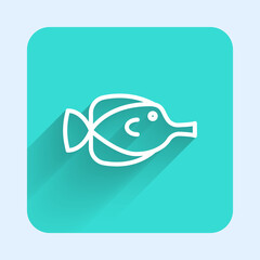 White line Butterfly fish icon isolated with long shadow background. Green square button. Vector