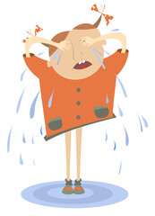 Cartoon crying girl and pool of tears isolated illustration. Crying girl standing in the pool full of tears isolated on white